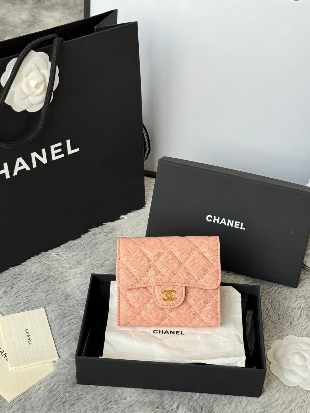 Chanel 25S Cf Small Tri Fold Wallet 11 in Peach Pink Caviar Gold Hardware